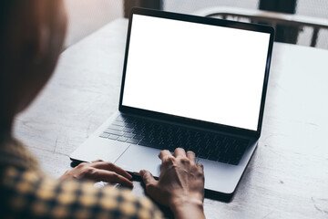 computer screen blank mockup.hand woman work using laptop with white background for advertising,contact business search information on desk at coffee shop.marketing and creative design
