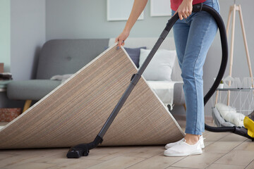 Beautiful young girl in a good mood makes house cleaning with a vacuum cleaner