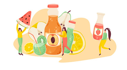 Summer beverages with tiny people cartoon illustration. Women holding fruit juices hand drawn doodle banner design. Vegan diet, healthy smoothy printing card