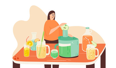 Woman making juice, summer lemonade cartoon illustration. Squeezer machine hand drawn doodle banner design. Vegan diet, sport food, detox cocktail printing card.