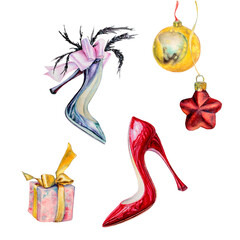 Christmas isolated watercolor set with Christmas decorations and women's heels. Fashion