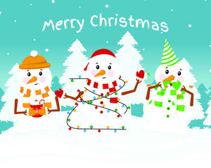 Three Christmas snowman. Snowman are depicted in knitted scarves and hats with gifts outdoors against a background of white Christmas trees. Vector illustration
