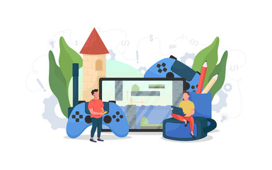 Dame designer flat concept vector illustration. Coding and programming. Professional play testing. Video game developer team 2D cartoon characters for web design. IT project creative idea