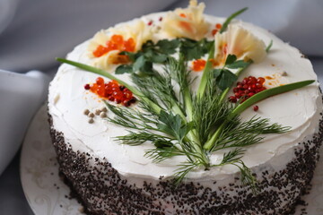 Сake with cream, cheese and vegetables