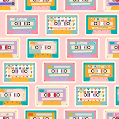Retro vintage tape cassettes seamless hand-drawn vector pattern. 80's, Love, party mix music.
