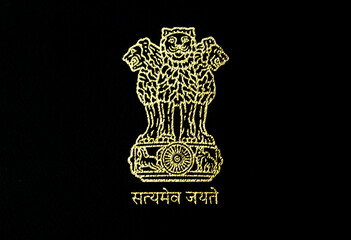 Indian National Emblem isolated on black background 
