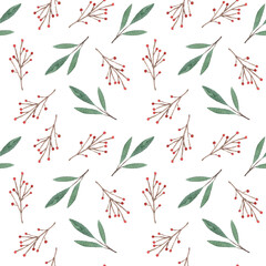 Seamless pattern with watercolor green twigs and red berries on a white background. Winter greens, holly berry.
