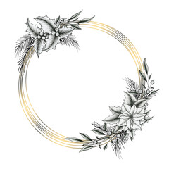 Christmas golden wreath with poinsettia flower, holly, berry and fir tree branches, vintage Christmassy frame design for Christmas cards, greetings or invitations