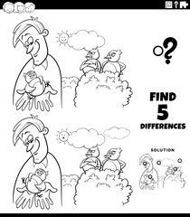 differences educational game with bird in the hand saying color book page