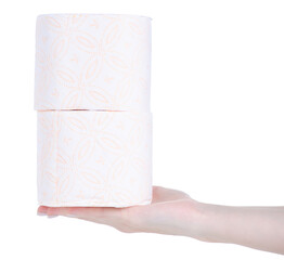 Roll toilet paper in hand on white background isolation