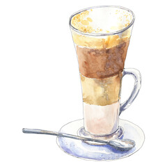 Watercolor latte. A cup of coffee hand drawn in watercolor sketching style. Food illustration, design element isolated on white background.