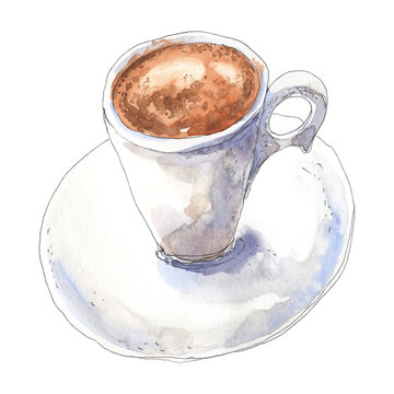 Watercolor espresso. A cup of coffee hand drawn in watercolor sketching style. Food illustration, design element isolated on white background.