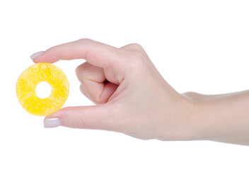 Pineapple delicious marmalade in hand on white background isolation