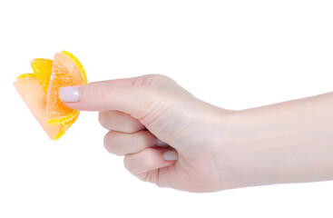 Fruit jelly lemon orange in hand on white background isolation