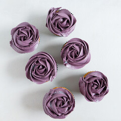 Overhead view of 6 pretty cupcakes, decorated with purple butter icing