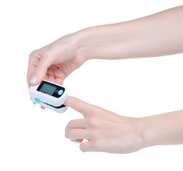 Pulse Oximeter equipment in hand on white background isolation