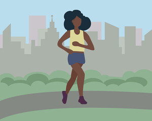 Black African woman running in the city. Sports training on the street. A runner on the move. Marathon and long runs in the street. running and fitness every day