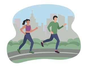 Man and woman running in the city. Sports training on the street. Runners on the move. Marathon and long runs in the street. running and fitness every day. comfortable athletic clothing for running.