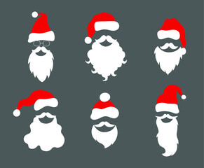 Set of Santa Clauses isolated on gray background. Santa hats, mustaches and beards. Christmas elements for design of a greeting card. Vector illustration