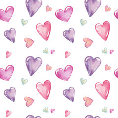 Hand drawn watercolor texture. Semless pattern with purple, pink, violet, blue hearts on white background isolated. Lovely wallpaper.