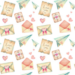 Hand drawn vintage pattern. Watercolor seamless texture. Many gifts, letters, envelopes, hearts, paper airplanes on white background isolated.