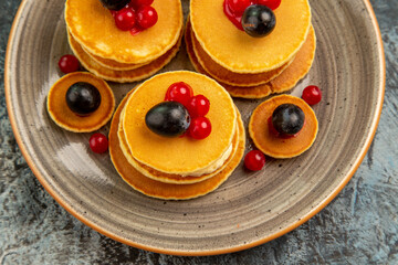 Overhead view of fruit pancakes for breakfast