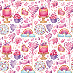Watercolor seamless texture. Hand drawn sweet pattern. Ribbons, lollipops candy cake balloons hearts gingerbread on white background isolated. Sweet collection.