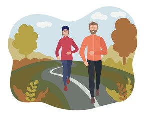 Obraz na płótnie Canvas A man and a woman running through an autumn park. Sports training on the street. Runners on the move. Marathon and long runs outside. running and fitness every day in all weathers. vector flat