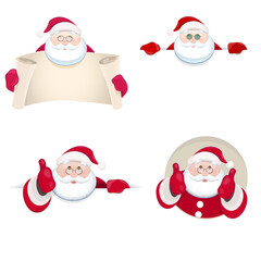 Set of funny Santa Claus in different poses. Santa Claus holding a blank banner, showing thumbs up, holding an opened scroll banner. Vector Illustration