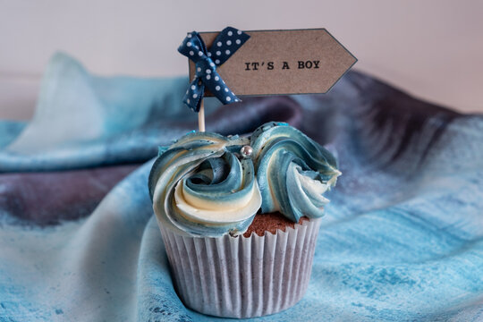 Decorated Cupcake Celebrating The Birth Of A Baby Boy, Or As A Gender Reveal Card, Could Be Used As A Social Media Image.