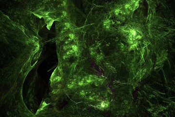 Green energy explosion. Splashing colored particles, smoke effect