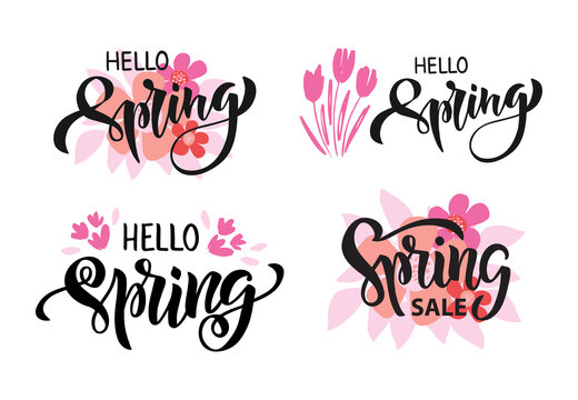 Hand drawn brush lettering set Hello spring. Spring season advertising. Template for card, gift, banner, web, poster. Vector illustration isolated on white background