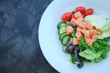 salmon healthy salad on background.