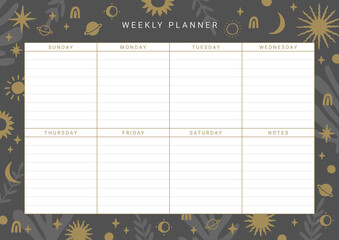 Weekly Planner Template. Stationery organizer for daily plans. Modern boho design. Vector.