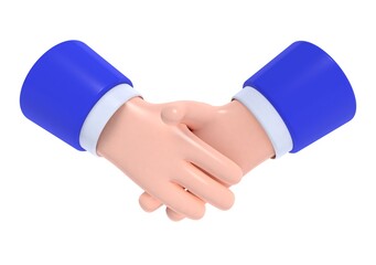 3D render, plastic cartoon handshake of businessmen. Symbol of agreement, cooperation, teamwork, support, collaboration. Hand gesture.
