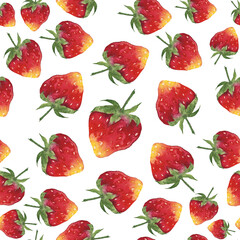 Strawberry fruit seamless pattern on white background. Watercolor hand drawing illustration. Perfect for digital paper, wallpaper, textile, food print.