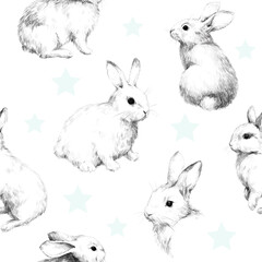 Drawing with rabbits collage cute fuzzy pattern 6 Pencil sketch With the stars