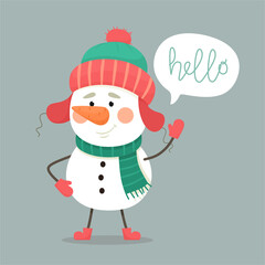 Cheerful snowman with speech bubble. Vector illustration in flat style.