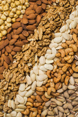 Different types of nuts in composition on white background in studio