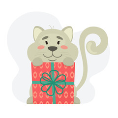 Cute and happy kitten with a gift. Vector illustration in flat style.