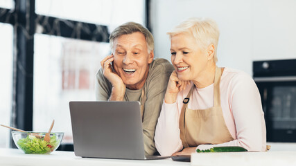 Senior Spouses Sitting At Laptop In Modern Kitchen At Home