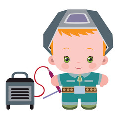 cute welder in overalls and with a helmet on his head with an instrument in his hands, flat, isolated object on a white background, vector illustration,