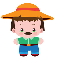 cute farmer with big hat and mustache, flat, isolated object on white background, vector illustration,