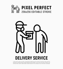 Social care, delivery service for elderly people. Volunteer with groceries. Safety delivery, courier in surgical mask. Thin line icon. Pixel perfect, editable stroke. Vector illustration.