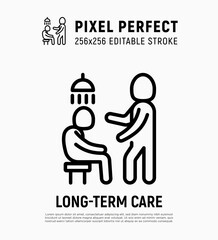 Caregiver with elderly person helps to take shower. Thin line icon. Assisted living in nurse house. Geriatric medicine. Pixel perfect, editable stroke. Vector illustration.