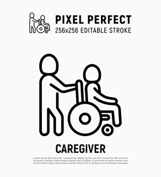 Caregiver With Elderly Person In Wheelchair. Thin Line Icon. Assisted Living In Nurse House. Geriatric Medicine. Pixel Perfect, Editable Stroke. Vector Illustration.