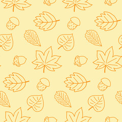 Seamless pattern with different leaves, acorns and mushrooms. Autumn style. Yellow and orange colors. Perfect for wallpaper, gift paper, pattern fills, web page background, autumn greeting cards