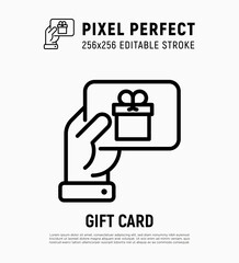 Hand with gift card, certificate for purchase, discount, coupon. Thin line icon. Pixel perfect, editable stroke. Modern vector illustration of present for Christmas, Valentine day or birthday.