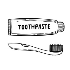 set of doodle Funny cartoon toothpaste, toothbrush - vector. isolated black white. Vector icon of toothbrush