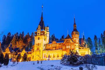 Peles castle in winter. Sinaia, Prahova county, Romania.